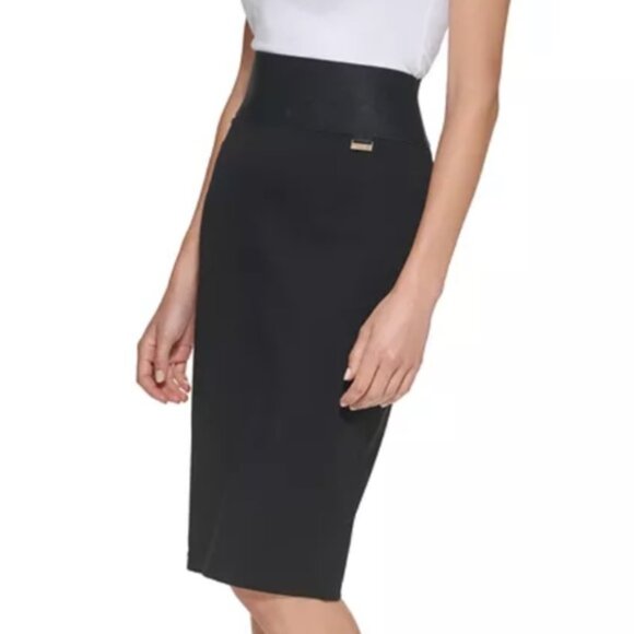 Calvin Klein Power Stretch Knee Length Pencil Skirt Size Large Black - Picture 1 of 3